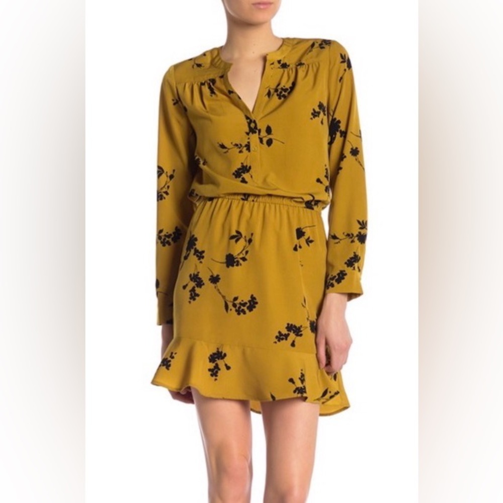 Joie Long Sleeve Acey A-Line Mini Dress in Goldenrod with Black Floral ZB9